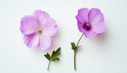 Obraz premium Delicate, light purple flowers, isolated on white. Two blossoms with stems and leaves