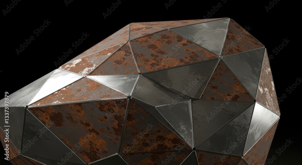 Poster abstract geometric metal object with rust texture and dark background