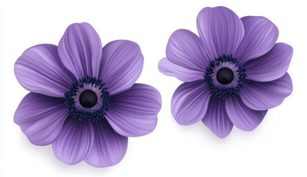 Two delicate, vibrant purple anemone flowers, detailed illustration