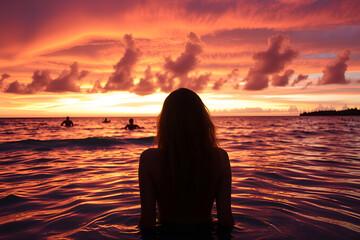 Fototapeta premium Silhouette of woman in water, vibrant orange and red sunset sky, dramatic clouds, ocean horizon, reflective sea surface, golden hour lighting, serene atmosphere, back view, tropical paradise,