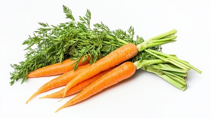 A bunch of fresh, organic carrots with green tops, straight from the garden with soil still attached. A rustic farm-to-table concept isolated on a clean white background