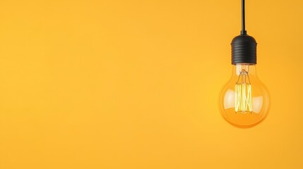 Bright hanging light bulb against a vibrant yellow background, creating a warm and inviting atmosphere.