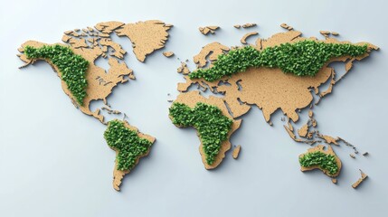 Eco-friendly world map made of cork and greenery. Sustainability and environmental awareness