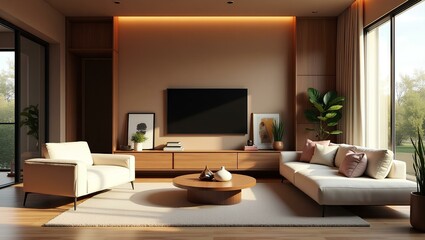 Fototapeta premium A sleek modern living room showcasing a large TV, comfortable seating, and a minimalist design aesthetic
