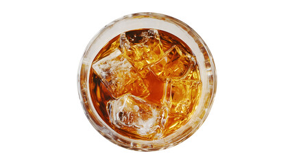 A glass of ice cold tea with ice cubes in it. The ice cubes are floating in the tea, creating a refreshing and cool drink. The glass is placed on a white background