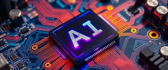 Futuristic artificial intelligence semiconductor on a motherboard. Generative AI