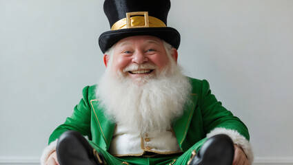 A jolly character with a beaming smile, dressed in festive green attire and a tall hat, exudes happiness and cheerfulness for a festive holiday.