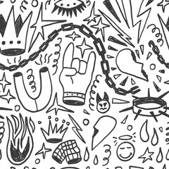 Fototapeta premium Girly rock and roll crayon seamless pattern. Graffiti doodle marker endless background. Naive hors, fire, crown repeat cover. Crayon continuous monochrome chain, magnet. Vector hand drawn illustration