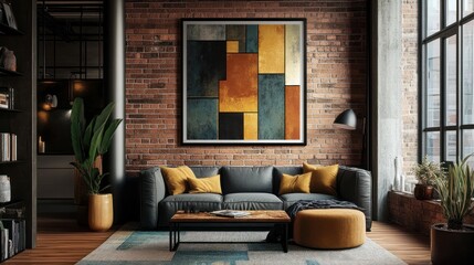 Fototapeta premium Modern apartment living room, brick wall, geometric art, cozy furniture, city view