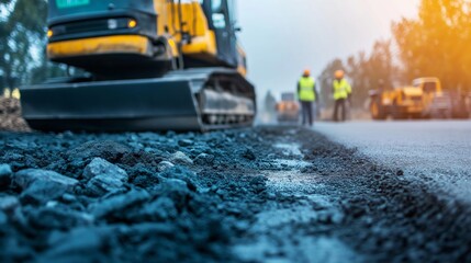 Construction workers operate heavy machinery at a road construction site with asphalt being laid down