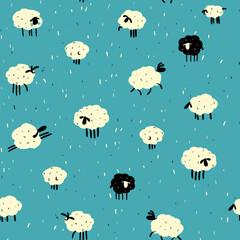 Seamless pattern with funny hand-drawn sheep