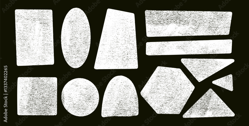 Poster ink rolled geometric shapes with noise set. chalk text boxes grainy textured frames pack. round, tri