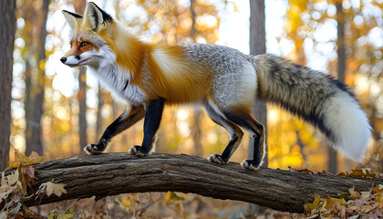 Fototapeta premium Red fox leaping over a fallen log in an autumn forest. Concept of wildlife, animal agility, nature, autumn scenery