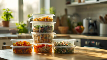Neatly stacked food containers filled with various leftover meals sit on kitchen table. Clear lids reveal colorful ingredients, ready for storage. Perfect for meal prep, convenience, and saving food.