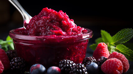 A vibrant jar of wild berry jam glistens under soft light, showcasing deep reds and purples. The thick, glossy texture hints at rich flavors, with whole berries visible throughout the sweet spread.