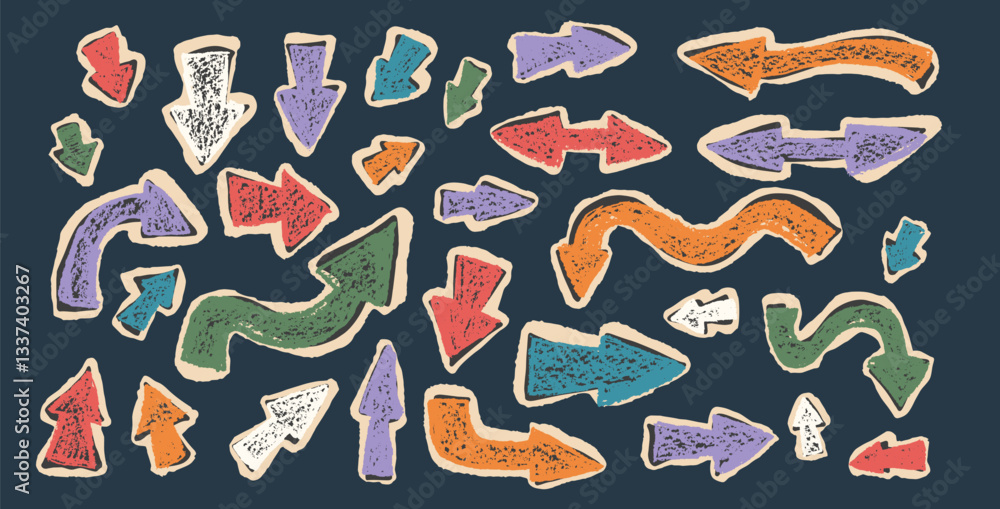 Poster arrow collage set crayon drawing pointers isolated. navigation path colorful marks. scribble doodle 