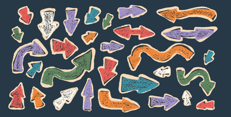 Arrow collage set crayon drawing Pointers isolated. Navigation path colorful marks. Scribble doodle paper signs. Vector hand drawn illustration.