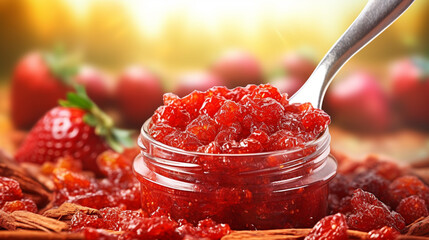 Strawberry chipotle jam combines sweet, ripe strawberries with a smoky, spicy kick from chipotle peppers. It's a vibrant red spread that adds a unique flavor twist to toast or cheese.
