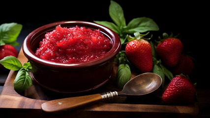 Strawberry basil jam blends sweet, ripe strawberries with fresh basil for a unique twist. Its vibrant red color and chunky texture make it a delightful addition to toast or desserts.