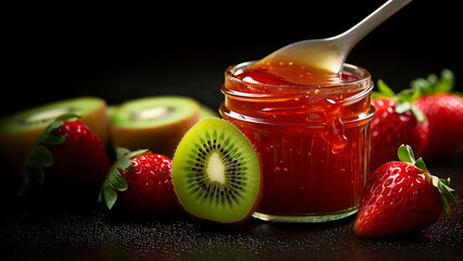Vibrant strawberry kiwi jam bursts with sweet and tangy flavors. Its rich red and green hues create a delightful contrast, perfect for spreading on toast or adding to desserts.