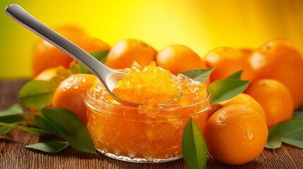 Sweet and tangy spread made from oranges. Bright orange color with bits of peel throughout. Glossy texture. Thick consistency. Aromatic citrus scent. Versatile condiment for toast breakfast pastries
