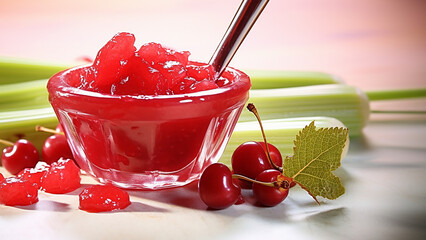 A vibrant cherry rhubarb jam with a deep red hue, thick and glossy texture, evenly spread on a smooth surface, showcasing its rich, fruity consistency with a slightly translucent, appetizing finish.