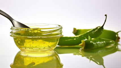 Vibrant green spread with flecks of peppers. Sweet and spicy flavor. Translucent gel-like texture. Versatile condiment for cheese platters, sandwiches, or glazes. Glossy appearance with visible seeds.
