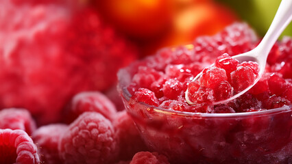 Vibrant red raspberry jam glistens in a clear glass bowl. Tiny seeds dot the jewel-toned spread, hinting at its homemade nature. The jam's texture in rich color suggests intense berry flavor.