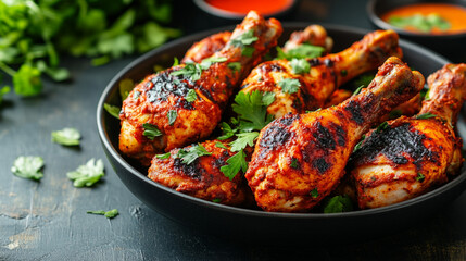 Juicy, well-marinated chicken tandoori cooked to perfection with a vibrant reddish-orange color, charred edges, and crispy skin. The meat looks tender with visible grill marks, emitting a smoky aroma.