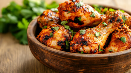 Juicy, well-marinated chicken tandoori cooked to perfection with a vibrant reddish-orange color, charred edges, and crispy skin. The meat looks tender with visible grill marks, emitting a smoky aroma.