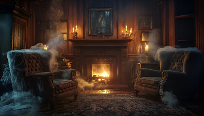 Haunted living room with cobwebs and candles. Dark and eerie atmosphere. Concept of Halloween, haunted house, spooky decoration, ghost stories