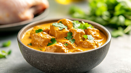 A rich and creamy Murgh Makhani dish with tender chicken pieces coated in a vibrant orange butter tomato sauce, garnished with fresh cilantro and a drizzle of cream, served with naan
