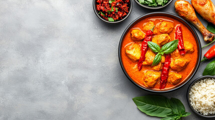 A vibrant chicken curry in a bowl with rich, golden sauce, garnished with fresh cilantro leaves. Tender chicken pieces are coated in a smooth, fragrant curry, garnished with spices and herbs