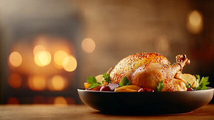Roasted chicken with golden brown crispy skin, perfectly cooked with juicy, tender meat, slightly charred edges, garnished with fresh herbs, served on a plain white plate with light seasoning.