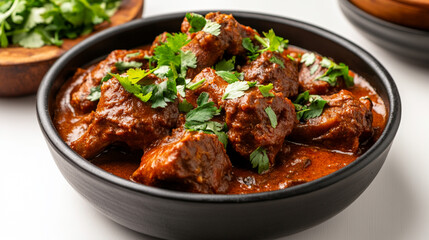 A vibrant chicken curry in a bowl with rich, golden sauce, garnished with fresh cilantro leaves. Tender chicken pieces are coated in a smooth, fragrant curry, garnished with spices and herbs