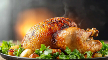 Roasted chicken with golden brown crispy skin, perfectly cooked with juicy, tender meat, slightly charred edges, garnished with fresh herbs, served on a plain white plate with light seasoning.