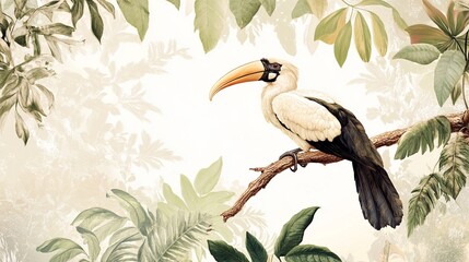 Obraz premium Majestic Hornbill on a Branch with Tropical Foliage and Neutral Tones on White Background