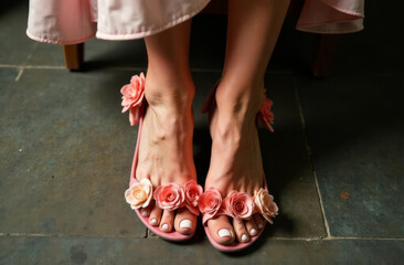 Women's shoes made of flowers. Floral sandals on women's feet. Woman's feet in spring shoes, top view.