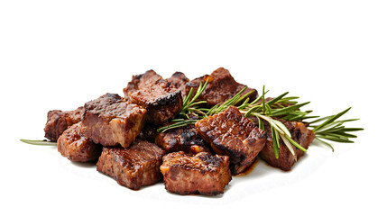 A pile of meat with some herbs on top. The meat is cooked and looks delicious. The herbs add a nice touch of color and flavor to the dish