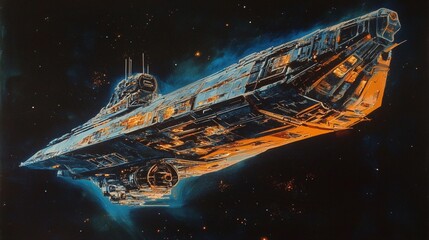 Vintage 1980s Adventure Movie Poster with Chrome Spaceship and Cosmic Neon Glow