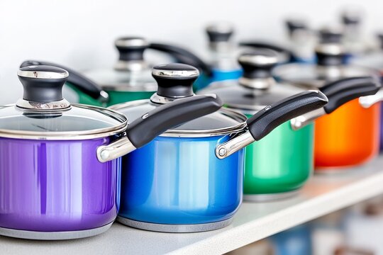 Stylish kitchenware store displaying a row of metallic frying pans and colorful pots against a modern backdrop