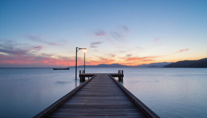 Obraz premium Serene fishing pier at dawn over calm sea, tranquil reflection