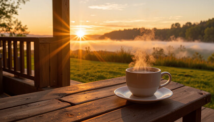 Serene coffee cup steaming on rustic porch at dawn, morning tranquility