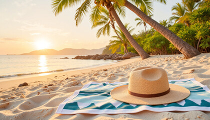 Obraz premium Stylish straw hat on tropical beach towel at sunset, relaxation concept