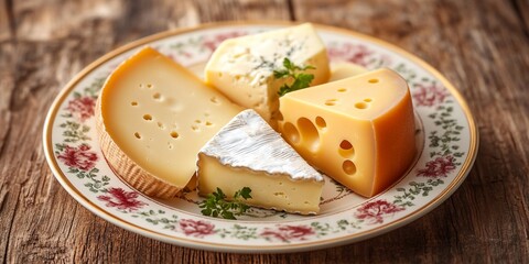 Assorted Cheese Selection on Vintage Floral Plate &ndash; Emmental, Feta, Provolone & More on Oak Table