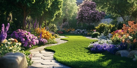 Obraz premium Lush Artificial Turf in a Beautiful Backyard Garden with Vibrant Flowers and Stone Pathways, Ultra-HD Realistic Texture, Natural Lighting