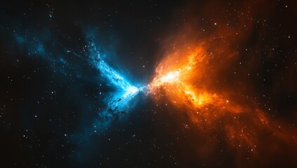 Fototapeta premium Cosmic clash of vibrant nebulae. Intense colors of hot gas clouds collide against a backdrop of dark space, scattered with distant stars