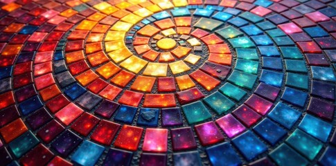 Swirling colorful mosaic tiles, textured surface, vibrant, textured design