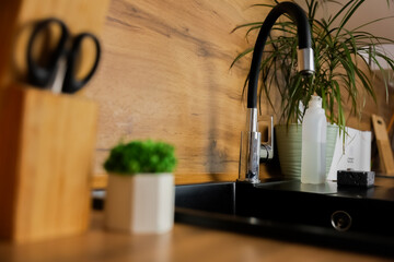 Side view of kitchen black granite sink on with flexible black faucet on wooden countertop background and kitchen utensils and plants out of focus. Kitchen island, interior, dishwashing concept. High