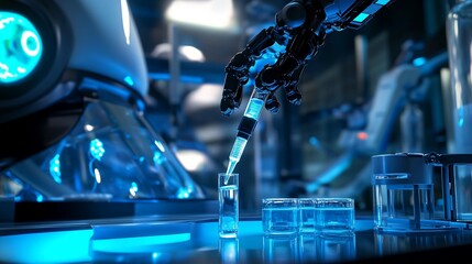 Ultra-Modern Laboratory with Robotic Pipette Dropping Genetically Engineered Stem Cell Solution into Test Tube